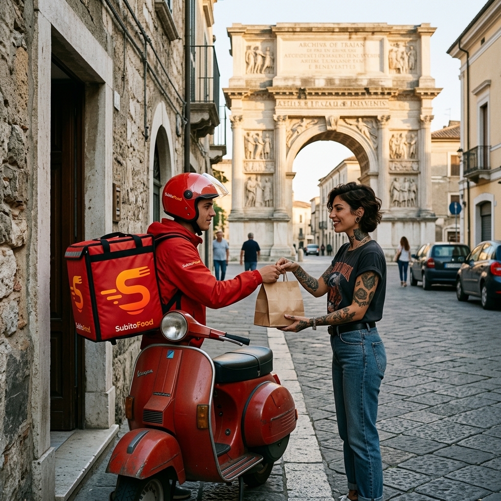 Un rider di SubitoFood consegna un ordine davanti all Arco di Traiano, a Benevento